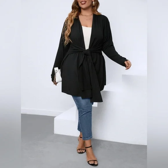 Plus Size Womens Jackets Plus Solid Belted Coat Plus Size Jackets - Picture 3 of 5